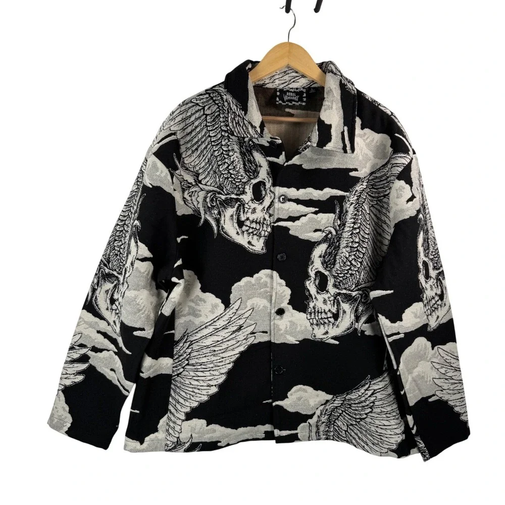 Rebel Revenge Skull Floral Button Up Shirt Jacket Streetwear Graphic‎ sz L